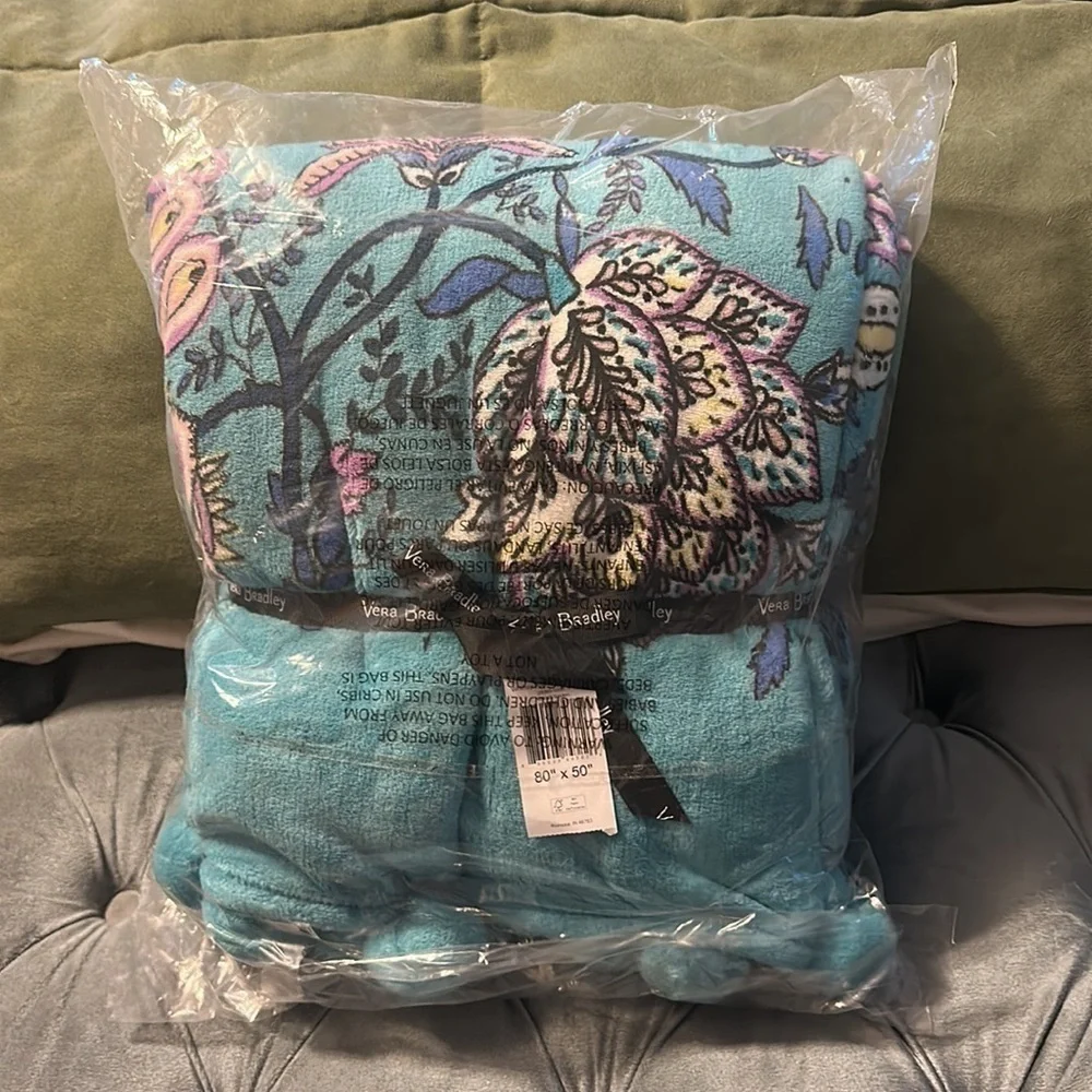 Vera Bradley Peacock Garden Whimsy Pom Throw Blanket 80